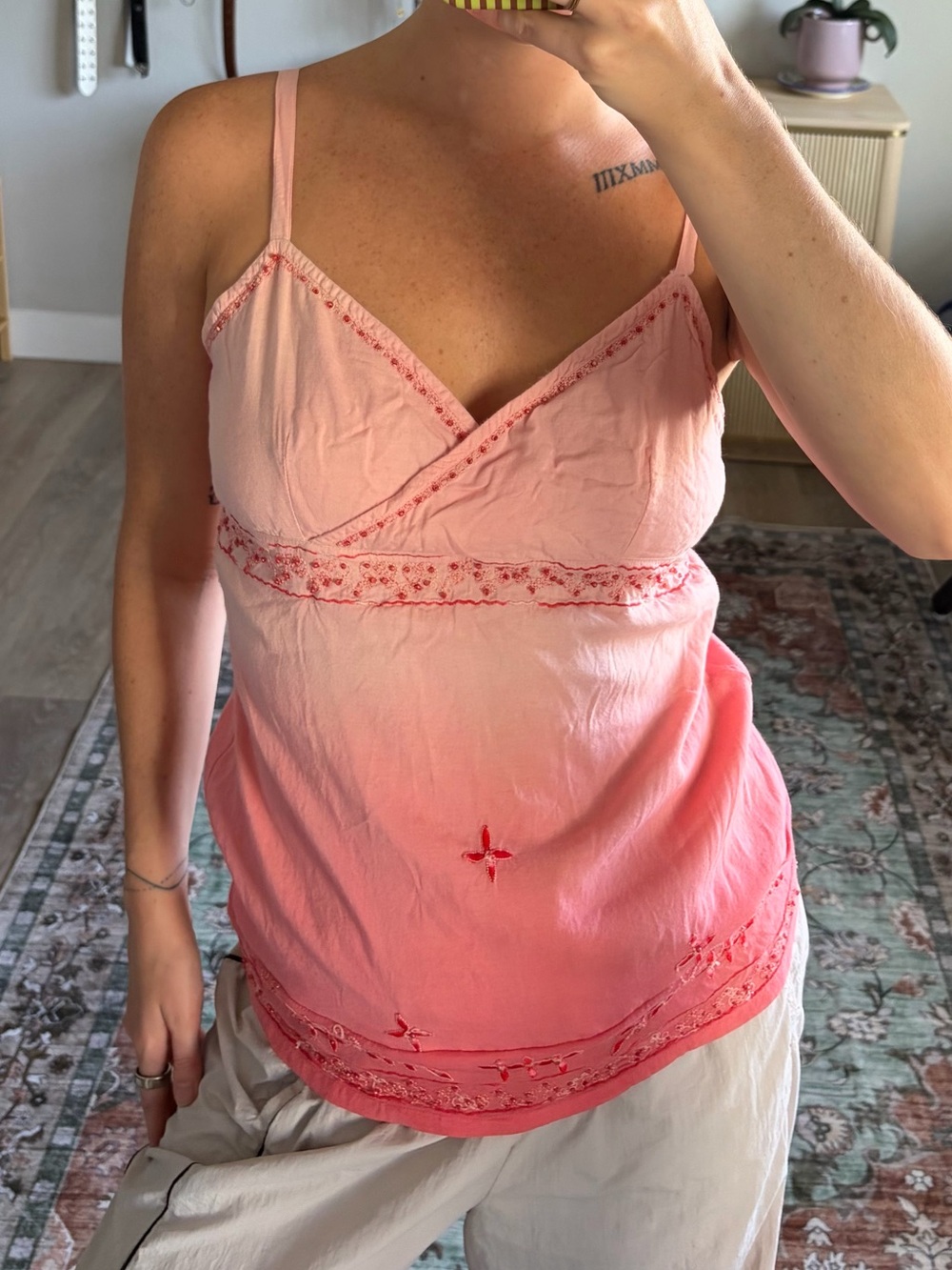 Upcycled Y2K Pink Embroidered Beaded Cami Top Fits Small